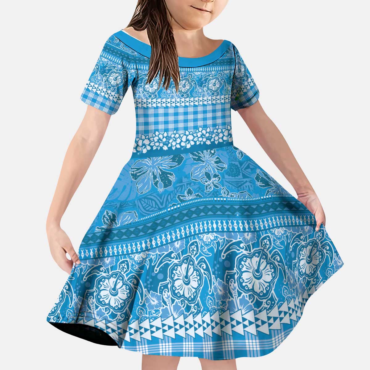 Hawaiian Hibiscus Honu Kid Short Sleeve Dress Blue Mele Kalikimaka Palaka Spirit LT9 KID Blue - Polynesian Pride