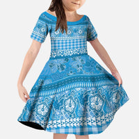 Hawaiian Hibiscus Honu Kid Short Sleeve Dress Blue Mele Kalikimaka Palaka Spirit LT9 KID Blue - Polynesian Pride