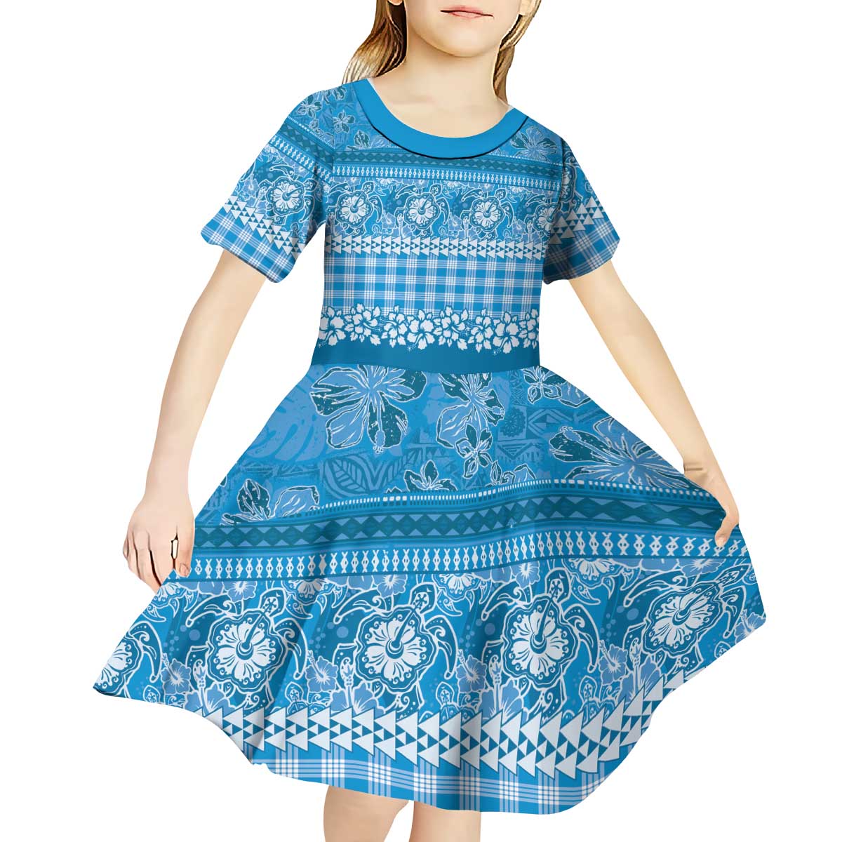 Hawaiian Hibiscus Honu Kid Short Sleeve Dress Blue Mele Kalikimaka Palaka Spirit LT9 - Polynesian Pride