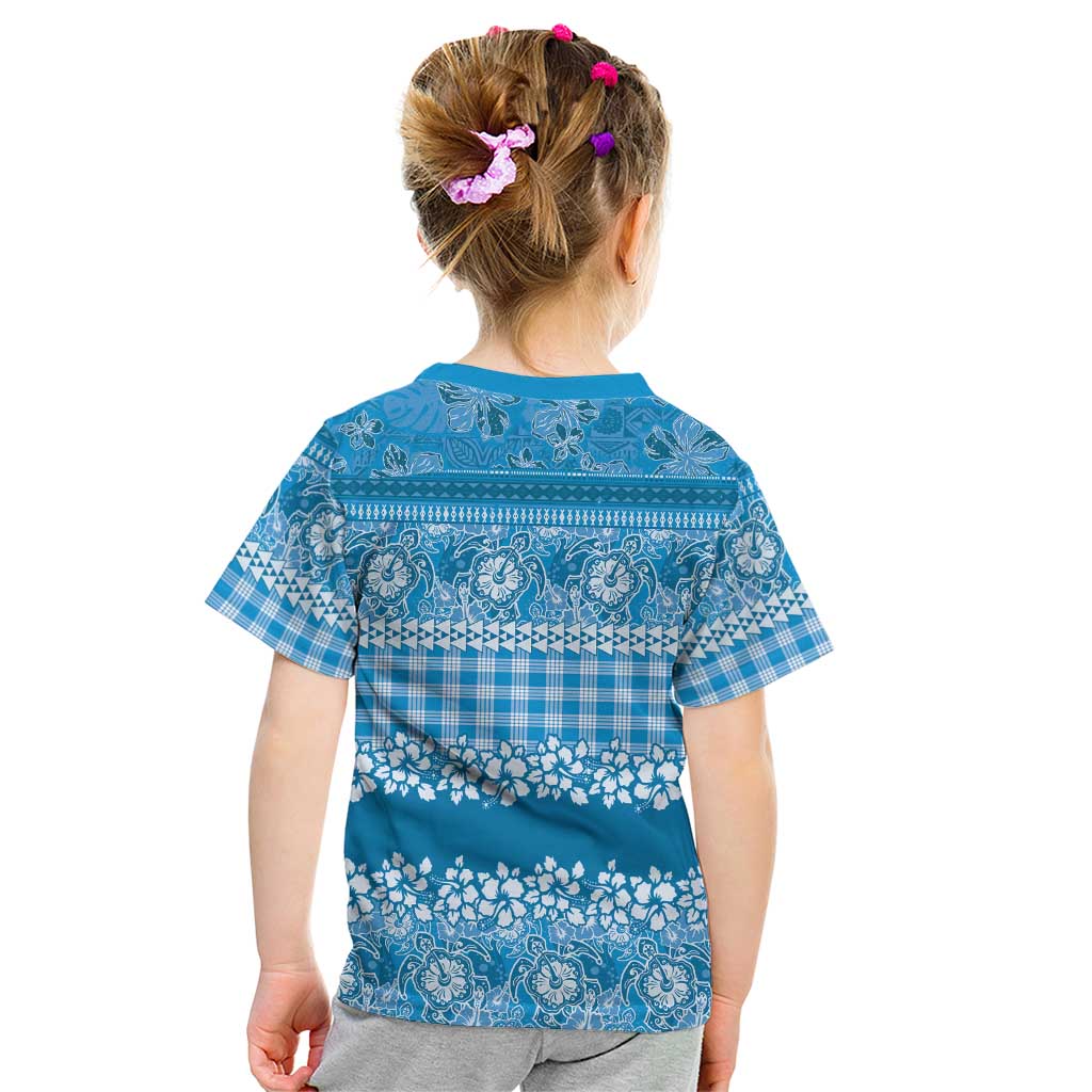 Hawaiian Hibiscus Honu Kid T Shirt Blue Mele Kalikimaka Palaka Spirit - Polynesian Pride