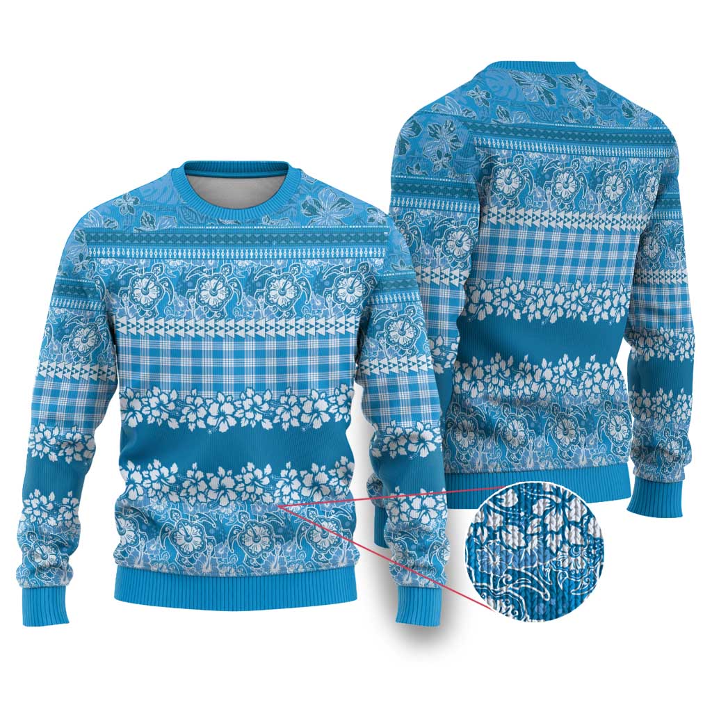Hawaiian Hibiscus Honu Ugly Christmas Sweater Blue Mele Kalikimaka Palaka Spirit - Polynesian Pride