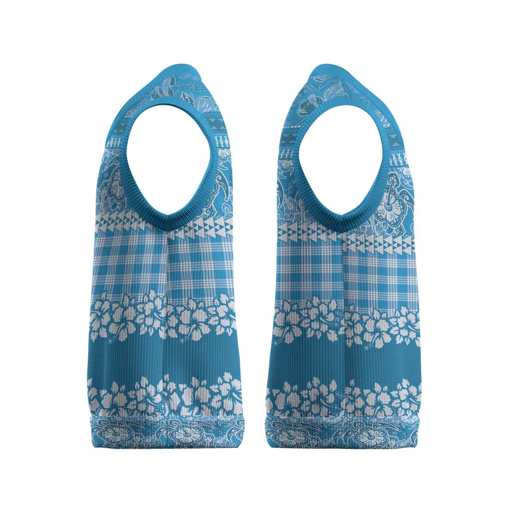 Hawaiian Hibiscus Honu Christmas Knitted V-Neck Vest Blue Mele Kalikimaka Palaka Spirit LT9 - Polynesian Pride