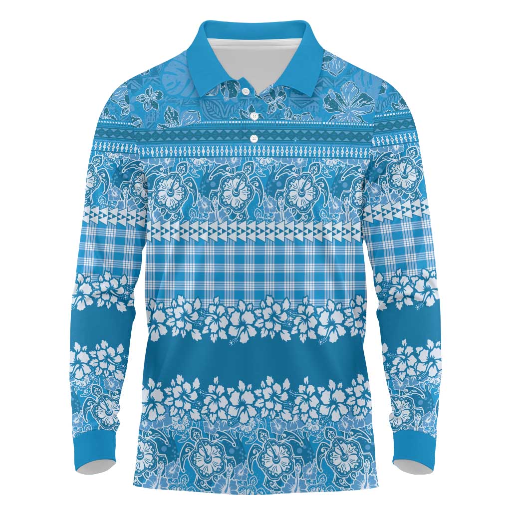 Hawaiian Hibiscus Honu Long Sleeve Polo Shirt Blue Mele Kalikimaka Palaka Spirit LT9 Blue - Polynesian Pride