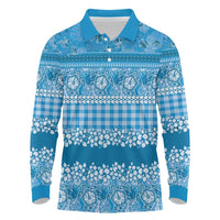 Hawaiian Hibiscus Honu Long Sleeve Polo Shirt Blue Mele Kalikimaka Palaka Spirit LT9 Blue - Polynesian Pride