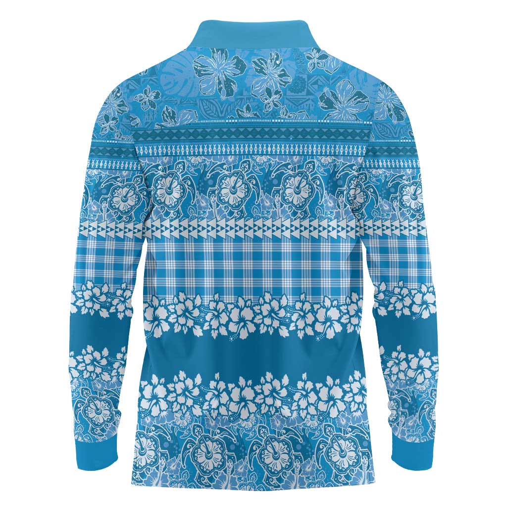 Hawaiian Hibiscus Honu Long Sleeve Polo Shirt Blue Mele Kalikimaka Palaka Spirit LT9 - Polynesian Pride