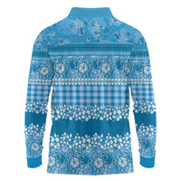 Hawaiian Hibiscus Honu Long Sleeve Polo Shirt Blue Mele Kalikimaka Palaka Spirit LT9 - Polynesian Pride