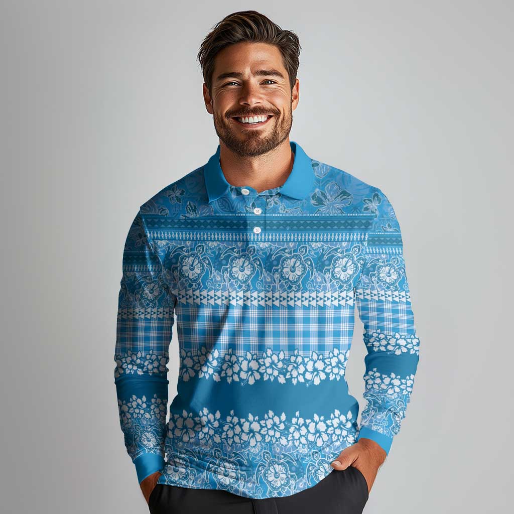 Hawaiian Hibiscus Honu Long Sleeve Polo Shirt Blue Mele Kalikimaka Palaka Spirit LT9 - Polynesian Pride