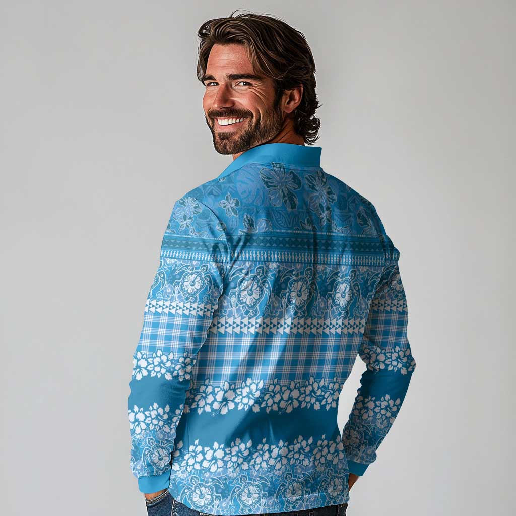Hawaiian Hibiscus Honu Long Sleeve Polo Shirt Blue Mele Kalikimaka Palaka Spirit LT9 - Polynesian Pride