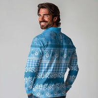 Hawaiian Hibiscus Honu Long Sleeve Polo Shirt Blue Mele Kalikimaka Palaka Spirit LT9 - Polynesian Pride
