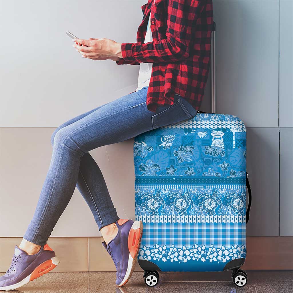 Hawaiian Hibiscus Honu Luggage Cover Blue Mele Kalikimaka Palaka Spirit - Polynesian Pride