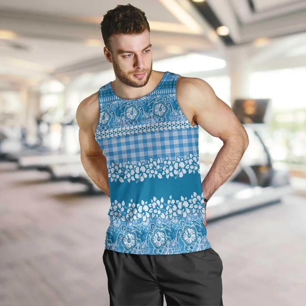 Hawaiian Hibiscus Honu Men Tank Top Blue Mele Kalikimaka Palaka Spirit - Polynesian Pride
