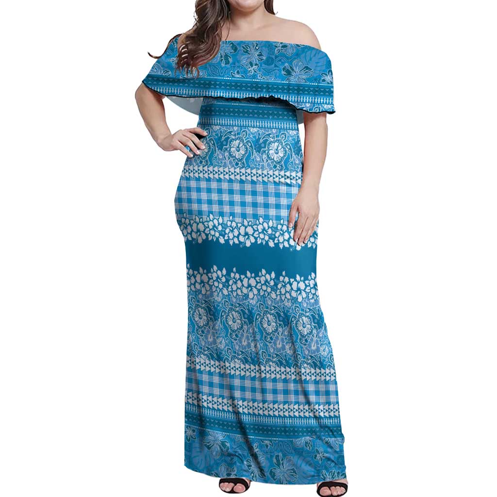 Hawaiian Hibiscus Honu Off Shoulder Maxi Dress Blue Mele Kalikimaka Palaka Spirit - Polynesian Pride
