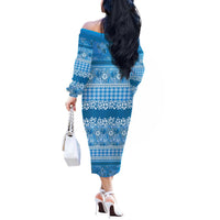 Hawaiian Hibiscus Honu Off The Shoulder Long Sleeve Dress Blue Mele Kalikimaka Palaka Spirit LT9 - Polynesian Pride