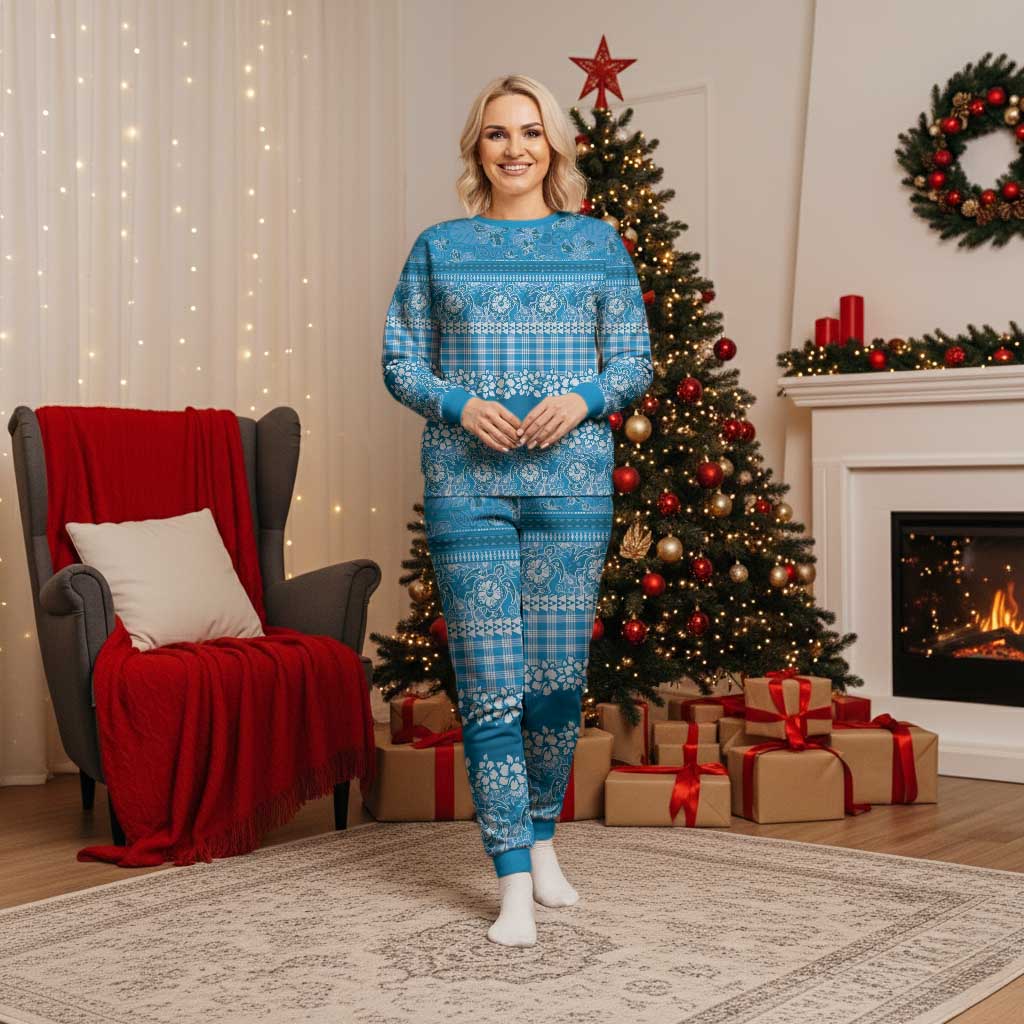 Hawaiian Hibiscus Honu Christmas Pajama Set Blue Mele Kalikimaka Palaka Spirit - Polynesian Pride