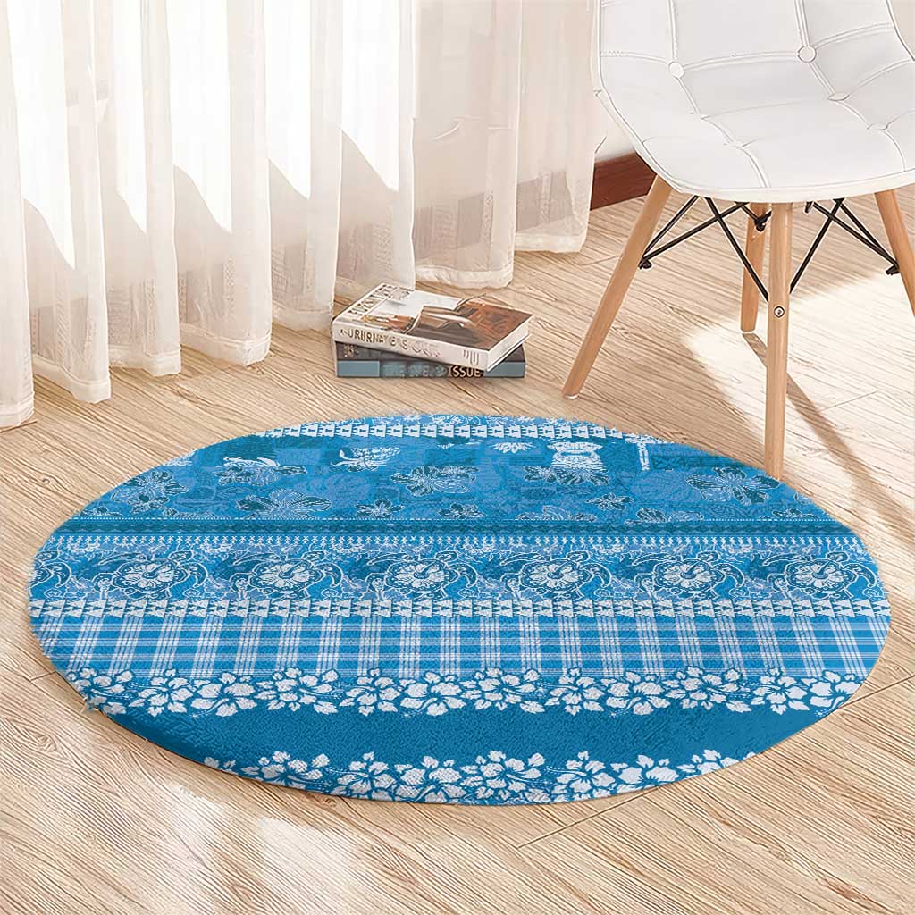 Hawaiian Hibiscus Honu Round Carpet Blue Mele Kalikimaka Palaka Spirit LT9 - Polynesian Pride