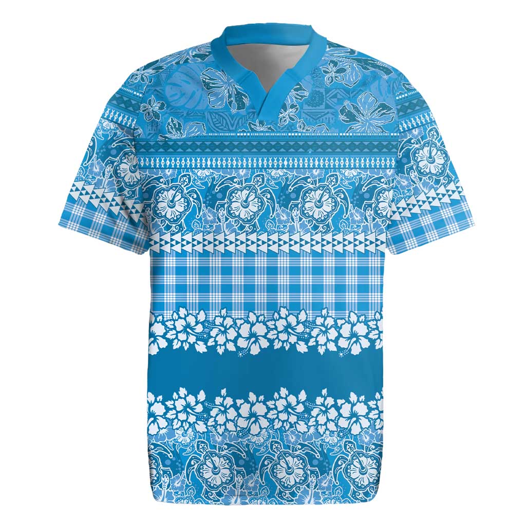 Hawaiian Hibiscus Honu Rugby Jersey Blue Mele Kalikimaka Palaka Spirit LT9 Blue - Polynesian Pride