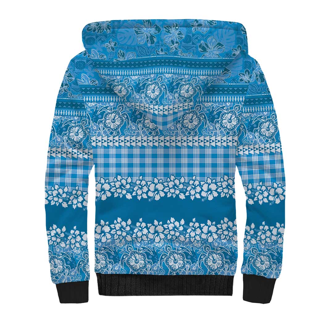Hawaiian Hibiscus Honu Sherpa Hoodie Blue Mele Kalikimaka Palaka Spirit LT9 - Polynesian Pride