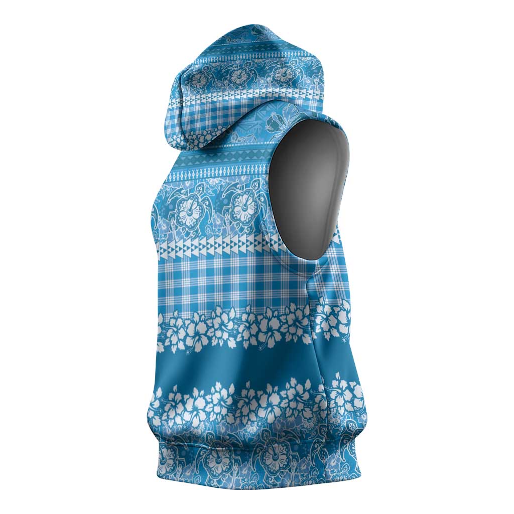Hawaiian Hibiscus Honu Sleeveless Hoodie Blue Mele Kalikimaka Palaka Spirit LT9 - Polynesian Pride