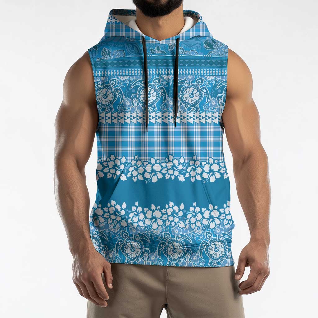 Hawaiian Hibiscus Honu Sleeveless Hoodie Blue Mele Kalikimaka Palaka Spirit LT9 - Polynesian Pride