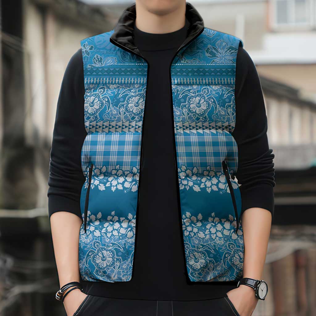 Hawaiian Hibiscus Honu Sleeveless Puffer Jacket Blue Mele Kalikimaka Palaka Spirit - Polynesian Pride