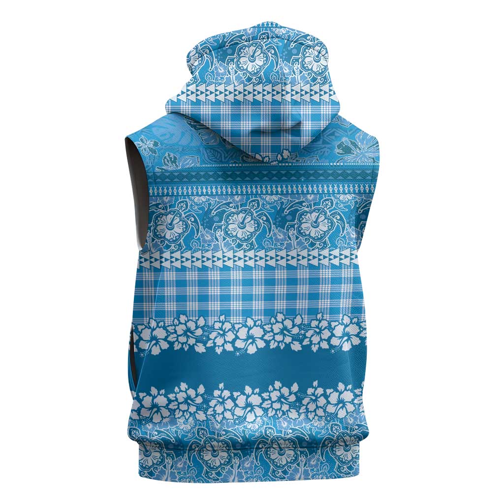 Hawaiian Hibiscus Honu Sleeveless Zip Hoodie Blue Mele Kalikimaka Palaka Spirit LT9 - Polynesian Pride