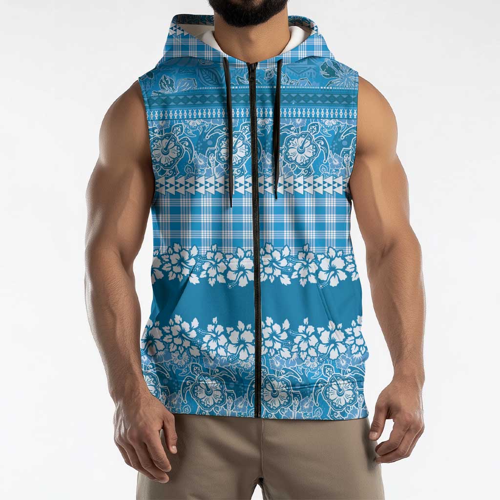 Hawaiian Hibiscus Honu Sleeveless Zip Hoodie Blue Mele Kalikimaka Palaka Spirit LT9 - Polynesian Pride