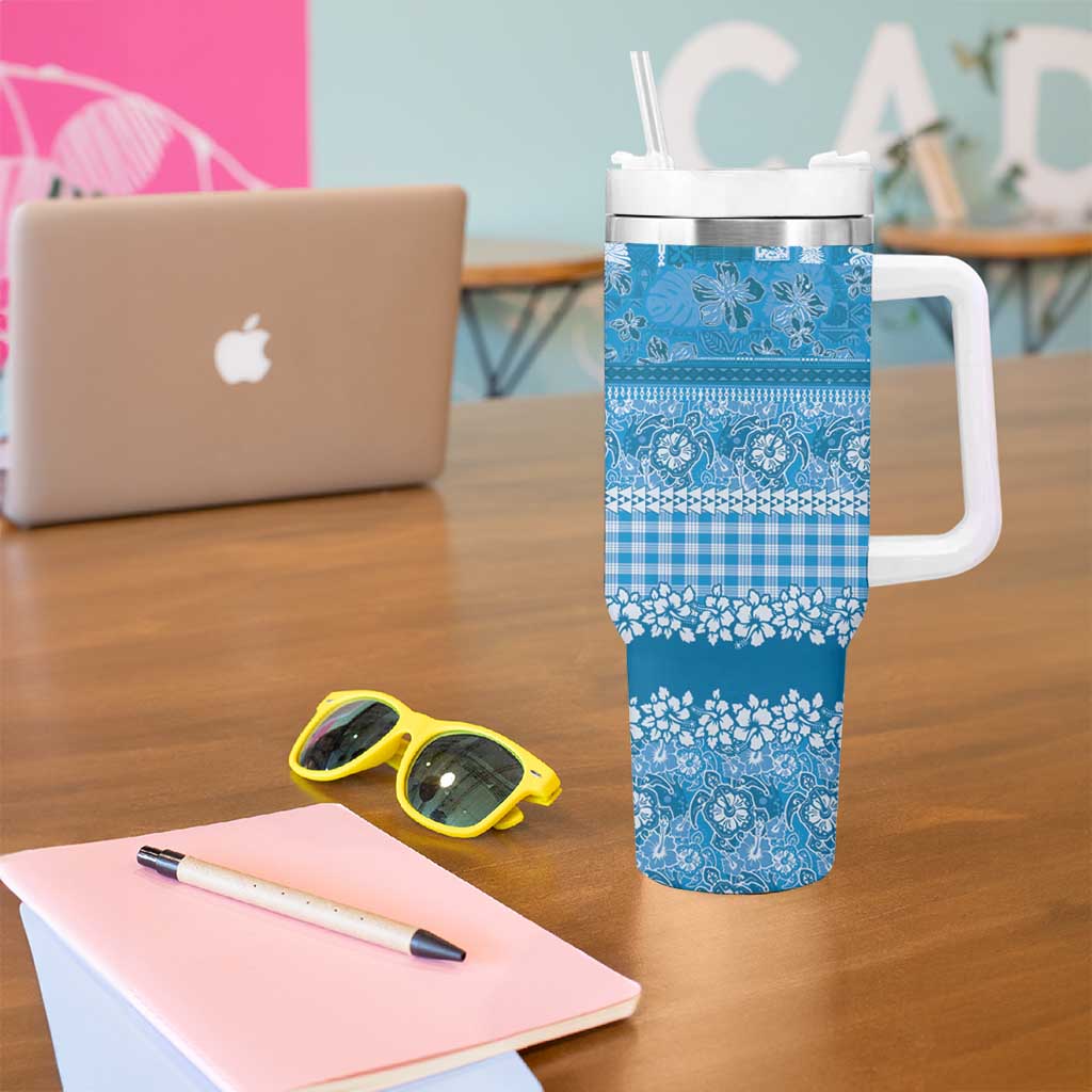 Hawaiian Hibiscus Honu Tumbler With Handle Blue Mele Kalikimaka Palaka Spirit - Polynesian Pride
