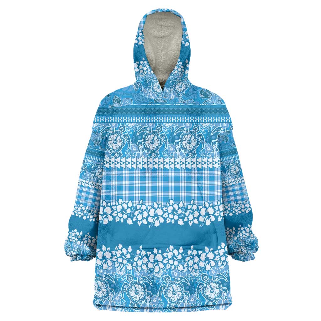 Hawaiian Hibiscus Honu Wearable Blanket Hoodie Blue Mele Kalikimaka Palaka Spirit LT9 One Size Blue - Polynesian Pride