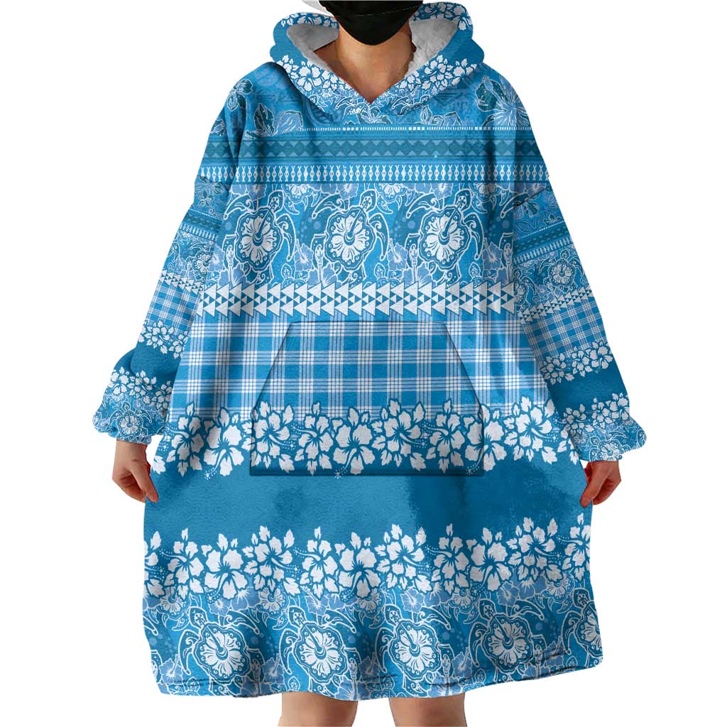 Hawaiian Hibiscus Honu Wearable Blanket Hoodie Blue Mele Kalikimaka Palaka Spirit LT9 - Polynesian Pride