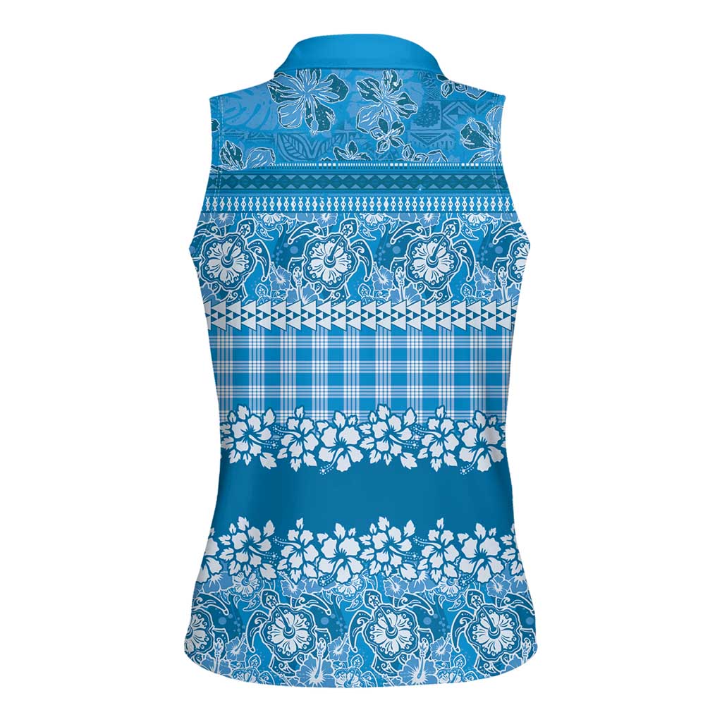 Hawaiian Hibiscus Honu Women Sleeveless Polo Shirt Blue Mele Kalikimaka Palaka Spirit LT9 - Polynesian Pride