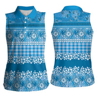 Hawaiian Hibiscus Honu Women Sleeveless Polo Shirt Blue Mele Kalikimaka Palaka Spirit LT9 - Polynesian Pride