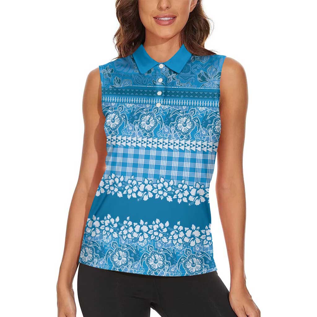 Hawaiian Hibiscus Honu Women Sleeveless Polo Shirt Blue Mele Kalikimaka Palaka Spirit LT9 - Polynesian Pride