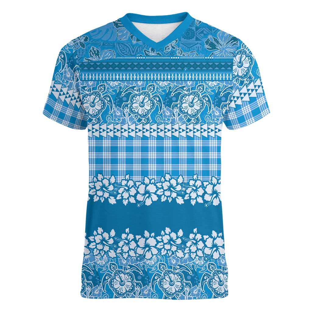 Hawaiian Hibiscus Honu Women V-Neck T-Shirt Blue Mele Kalikimaka Palaka Spirit LT9 Female Blue - Polynesian Pride