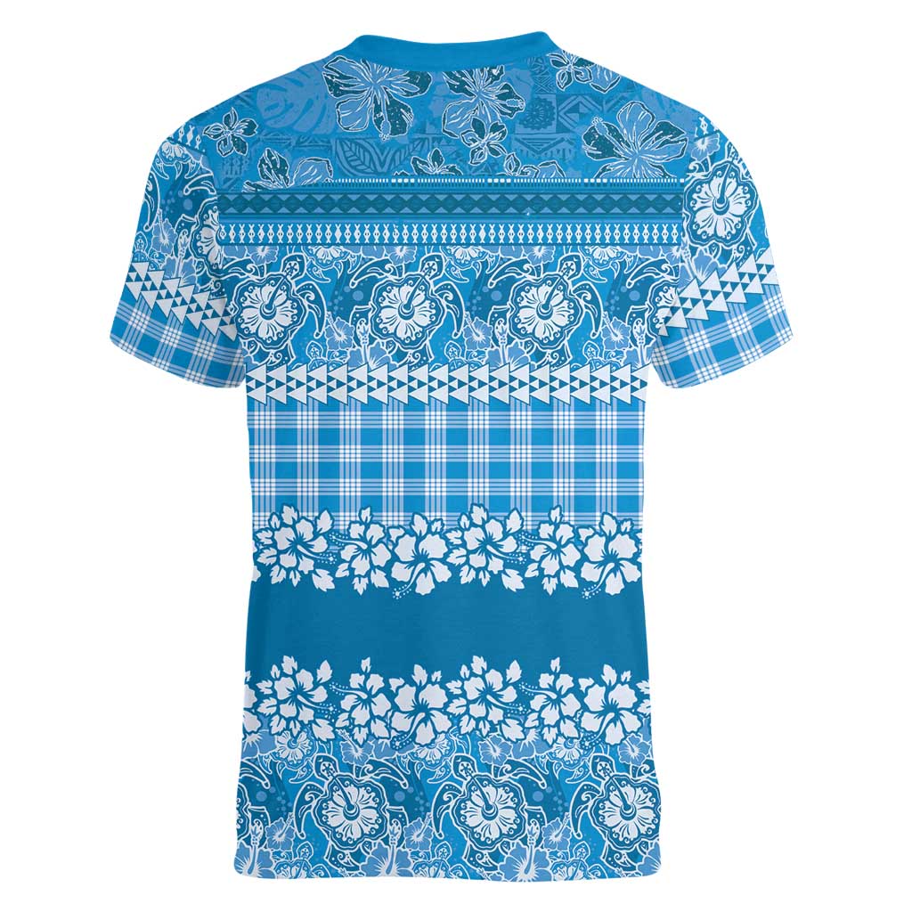Hawaiian Hibiscus Honu Women V-Neck T-Shirt Blue Mele Kalikimaka Palaka Spirit LT9 - Polynesian Pride