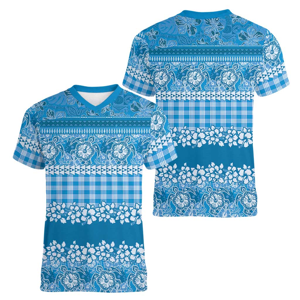 Hawaiian Hibiscus Honu Women V-Neck T-Shirt Blue Mele Kalikimaka Palaka Spirit LT9 - Polynesian Pride