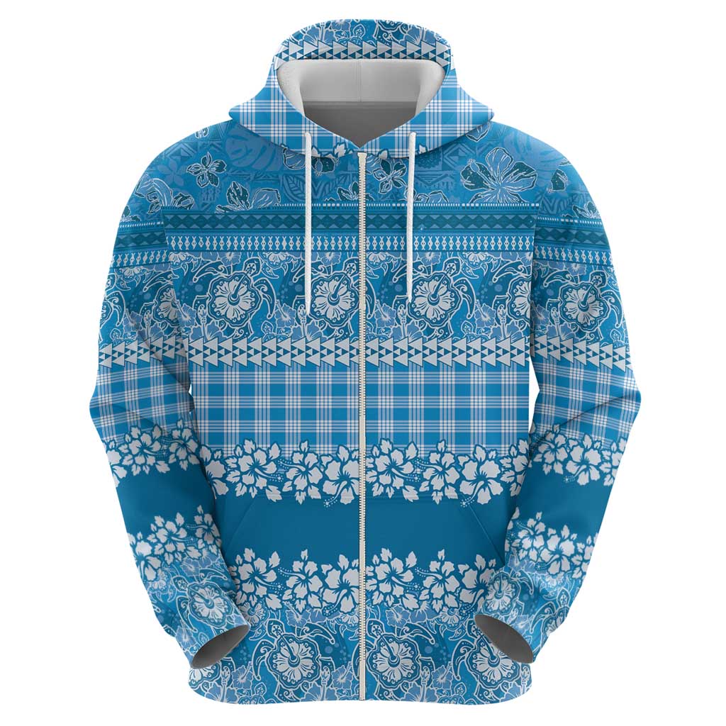 Hawaiian Hibiscus Honu Zip Hoodie Blue Mele Kalikimaka Palaka Spirit - Polynesian Pride