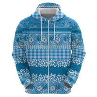 Hawaiian Hibiscus Honu Zip Hoodie Blue Mele Kalikimaka Palaka Spirit - Polynesian Pride