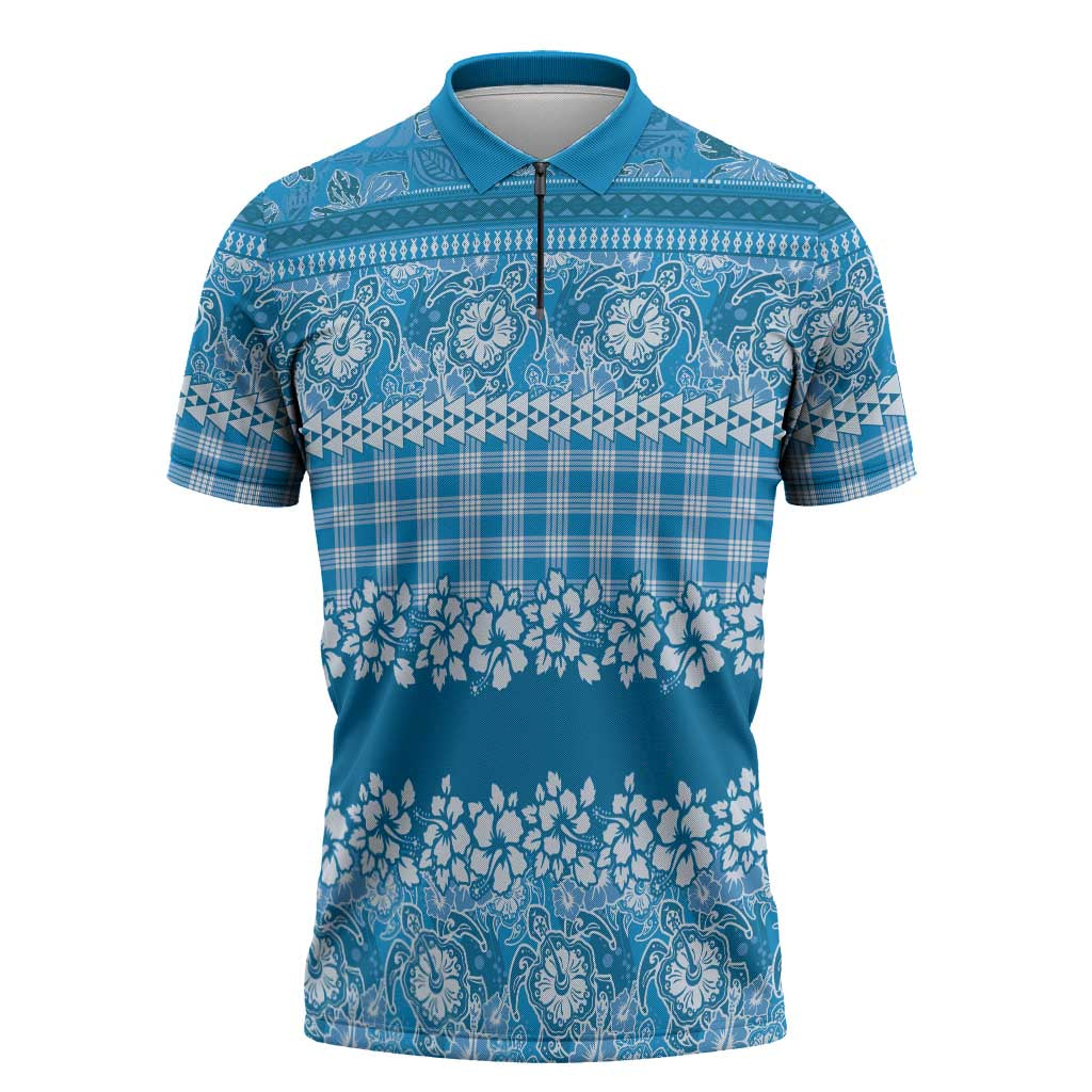 Hawaiian Hibiscus Honu Zipper Polo Shirt Blue Mele Kalikimaka Palaka Spirit - Polynesian Pride