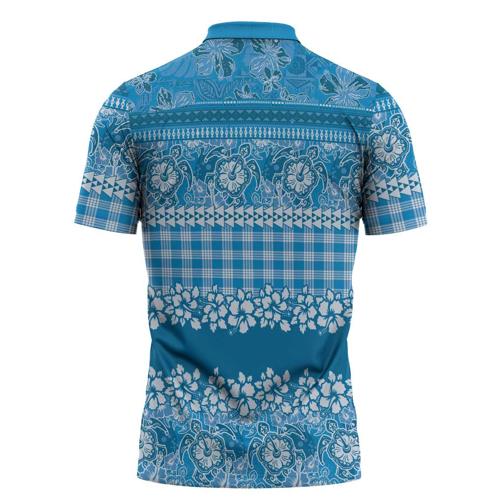 Hawaiian Hibiscus Honu Zipper Polo Shirt Blue Mele Kalikimaka Palaka Spirit LT9 - Polynesian Pride