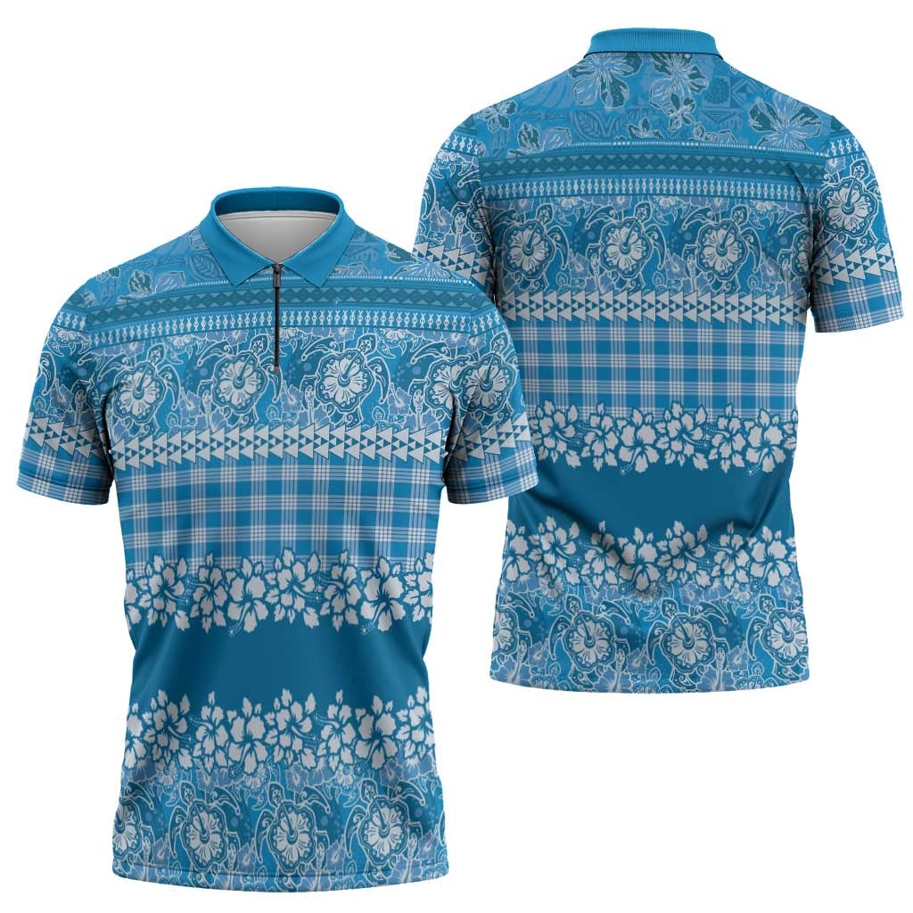 Hawaiian Hibiscus Honu Zipper Polo Shirt Blue Mele Kalikimaka Palaka Spirit LT9 - Polynesian Pride