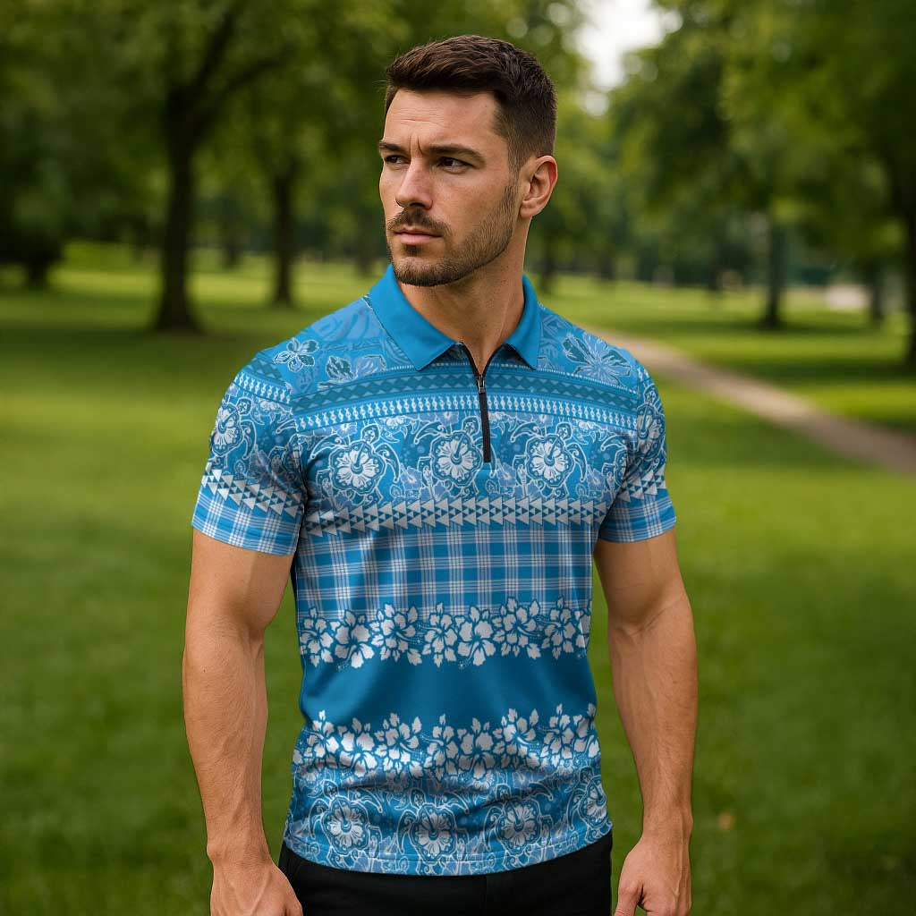 Hawaiian Hibiscus Honu Zipper Polo Shirt Blue Mele Kalikimaka Palaka Spirit LT9 - Polynesian Pride