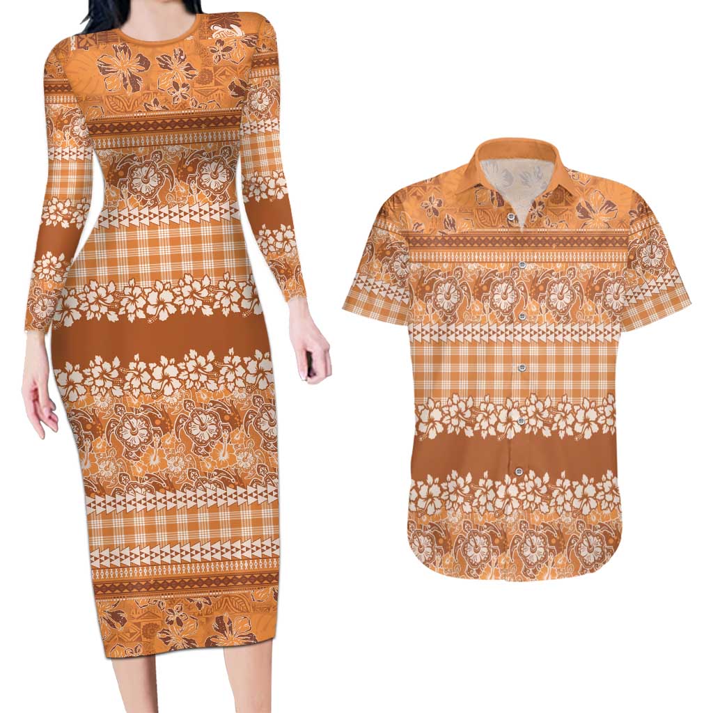 Hawaiian Hibiscus Honu Couples Matching Long Sleeve Bodycon Dress and Hawaiian Shirt Gold Mele Kalikimaka Palaka Spirit LT9 Gold - Polynesian Pride
