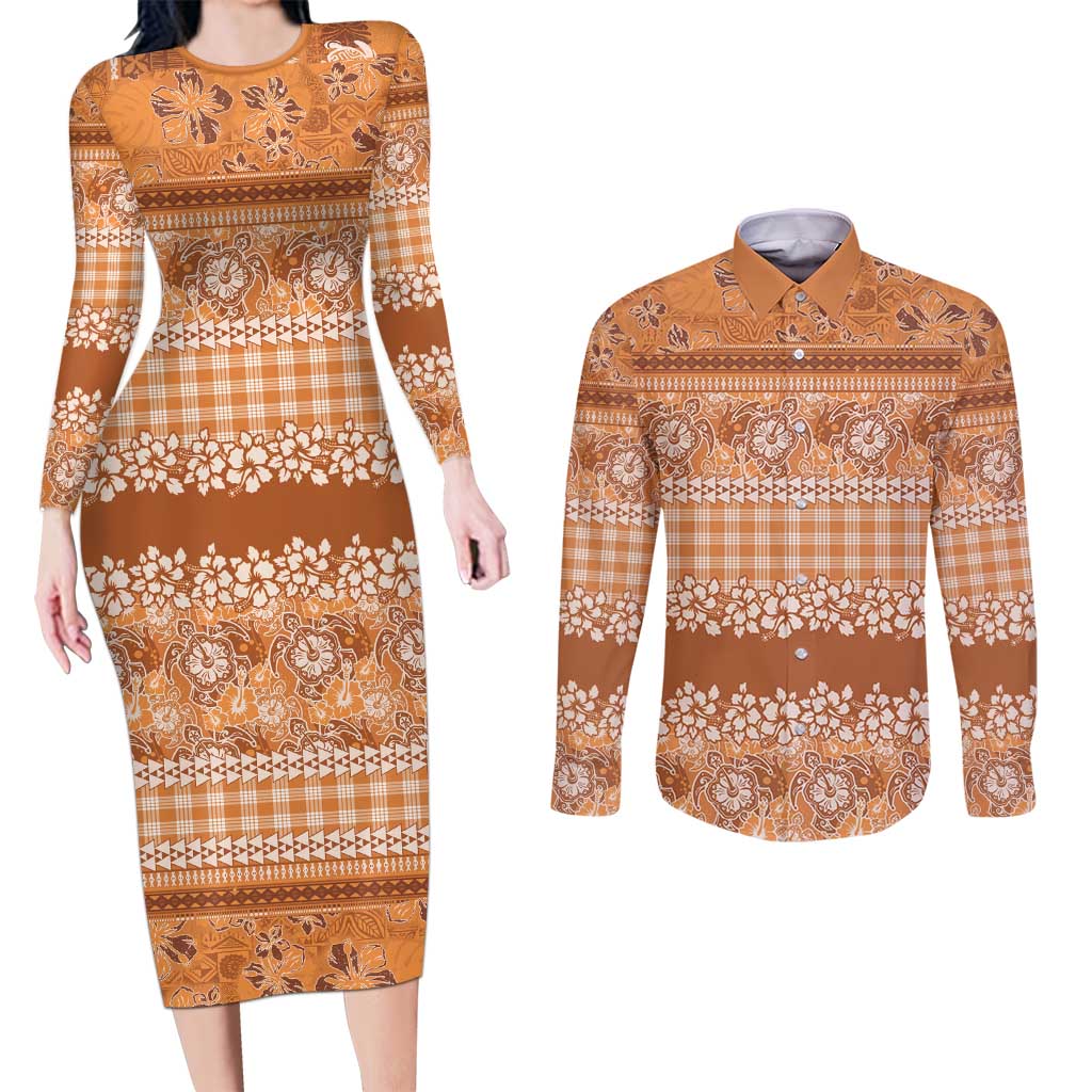 Hawaiian Hibiscus Honu Couples Matching Long Sleeve Bodycon Dress and Long Sleeve Button Shirt Gold Mele Kalikimaka Palaka Spirit LT9 Gold - Polynesian Pride