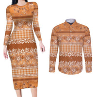 Hawaiian Hibiscus Honu Couples Matching Long Sleeve Bodycon Dress and Long Sleeve Button Shirt Gold Mele Kalikimaka Palaka Spirit LT9 Gold - Polynesian Pride