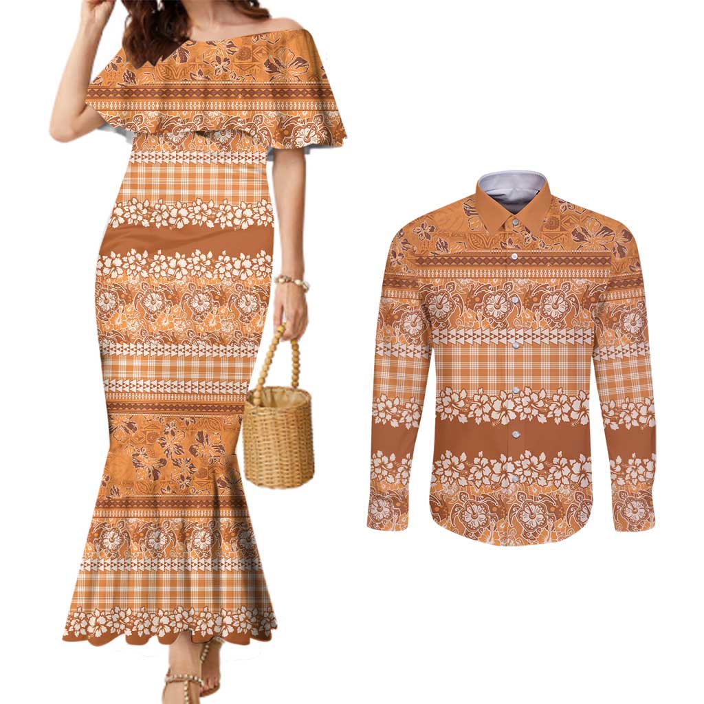 Hawaiian Hibiscus Honu Couples Matching Mermaid Dress and Long Sleeve Button Shirt Gold Mele Kalikimaka Palaka Spirit LT9 Gold - Polynesian Pride