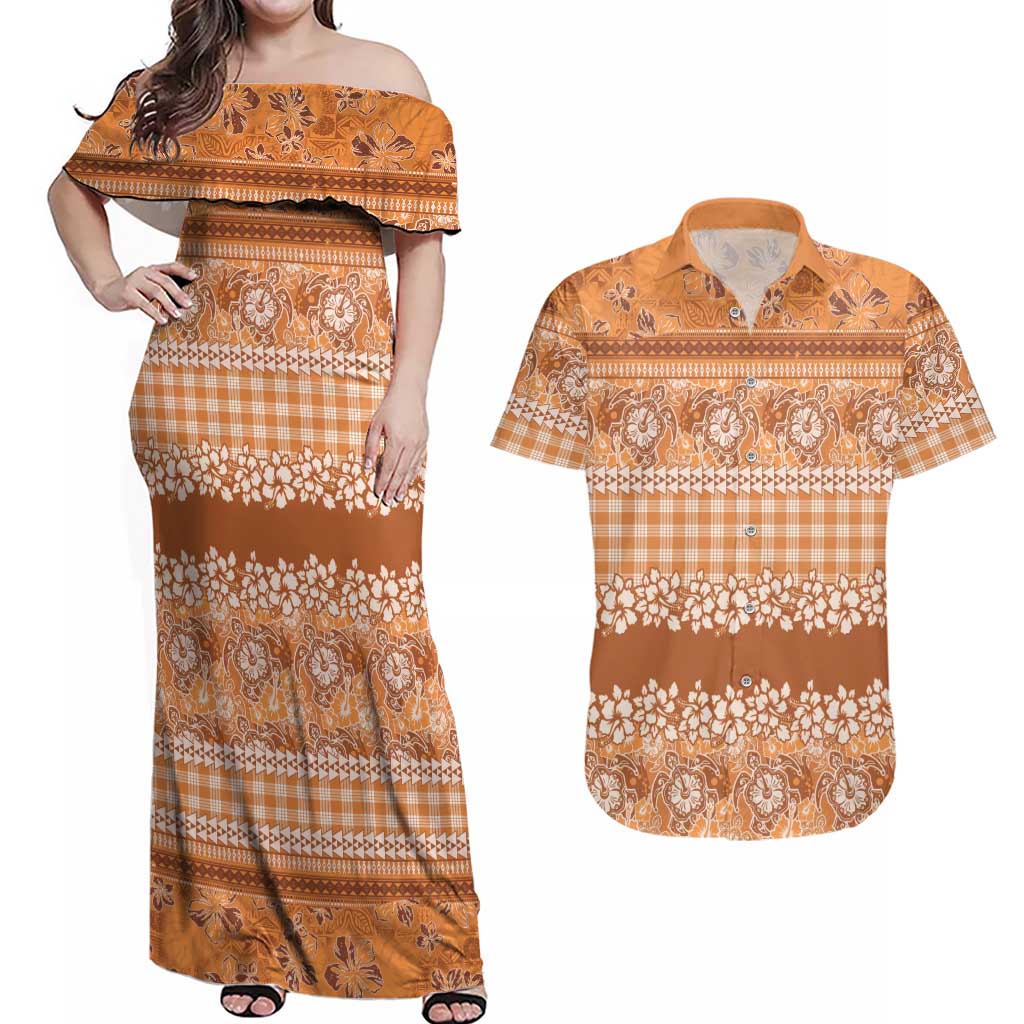 Hawaiian Hibiscus Honu Couples Matching Off Shoulder Maxi Dress and Hawaiian Shirt Gold Mele Kalikimaka Palaka Spirit LT9 Gold - Polynesian Pride