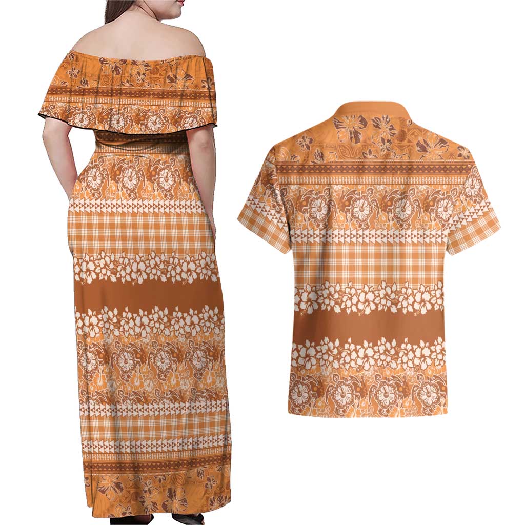 Hawaiian Hibiscus Honu Couples Matching Off Shoulder Maxi Dress and Hawaiian Shirt Gold Mele Kalikimaka Palaka Spirit LT9 - Polynesian Pride