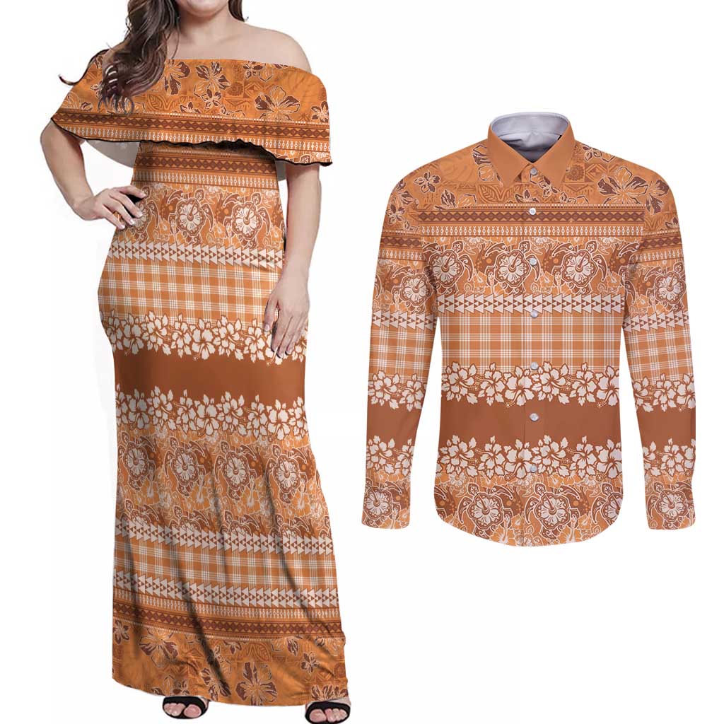 Hawaiian Hibiscus Honu Couples Matching Off Shoulder Maxi Dress and Long Sleeve Button Shirt Gold Mele Kalikimaka Palaka Spirit LT9 Gold - Polynesian Pride