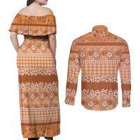 Hawaiian Hibiscus Honu Couples Matching Off Shoulder Maxi Dress and Long Sleeve Button Shirt Gold Mele Kalikimaka Palaka Spirit LT9 - Polynesian Pride