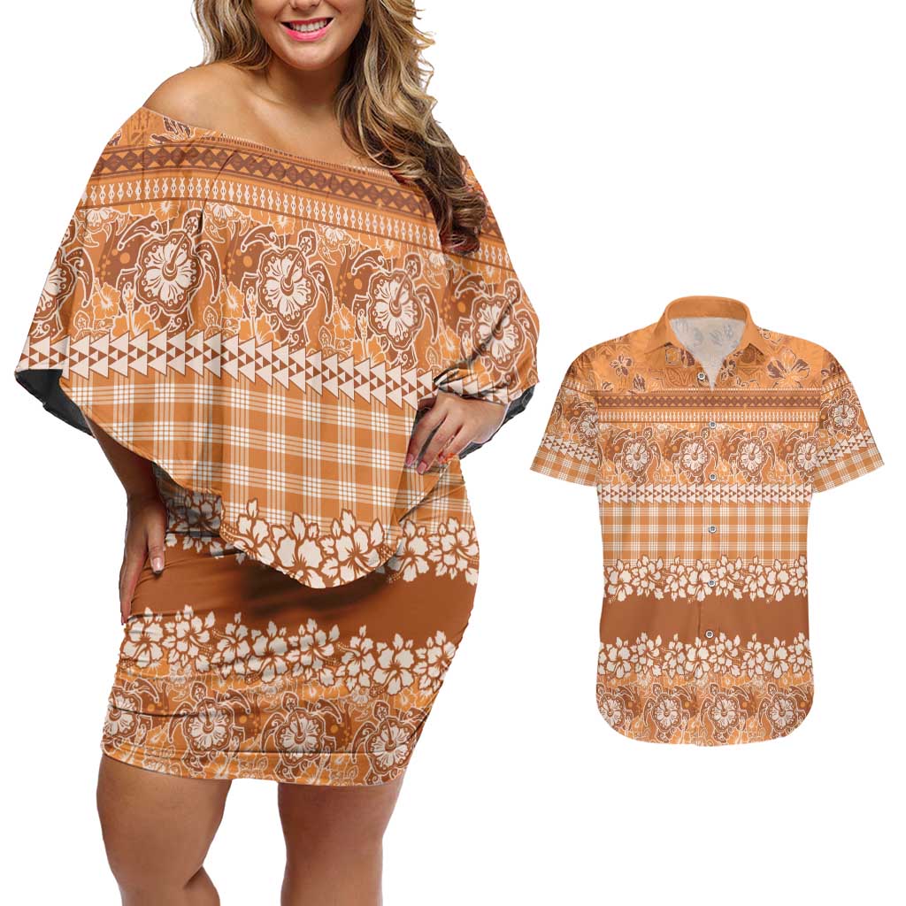 Hawaiian Hibiscus Honu Couples Matching Off Shoulder Short Dress and Hawaiian Shirt Gold Mele Kalikimaka Palaka Spirit LT9 Gold - Polynesian Pride
